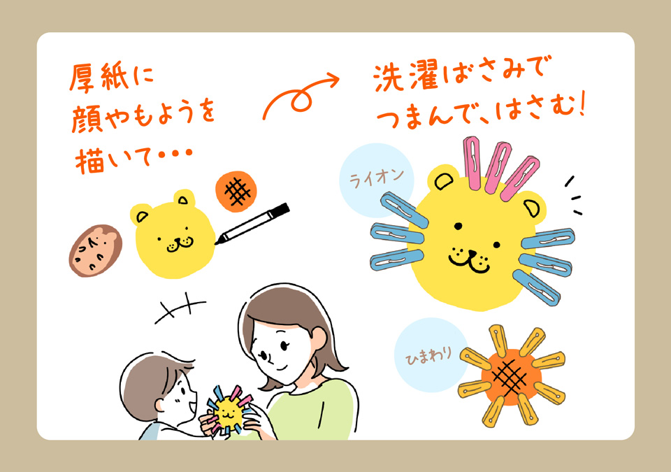 厚紙に顔やもようを描いて。。。洗濯ばさみでつまんで、はさむ！