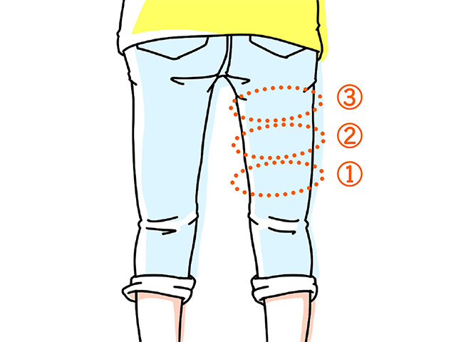 右脚の膝裏の上から太ももを押す。