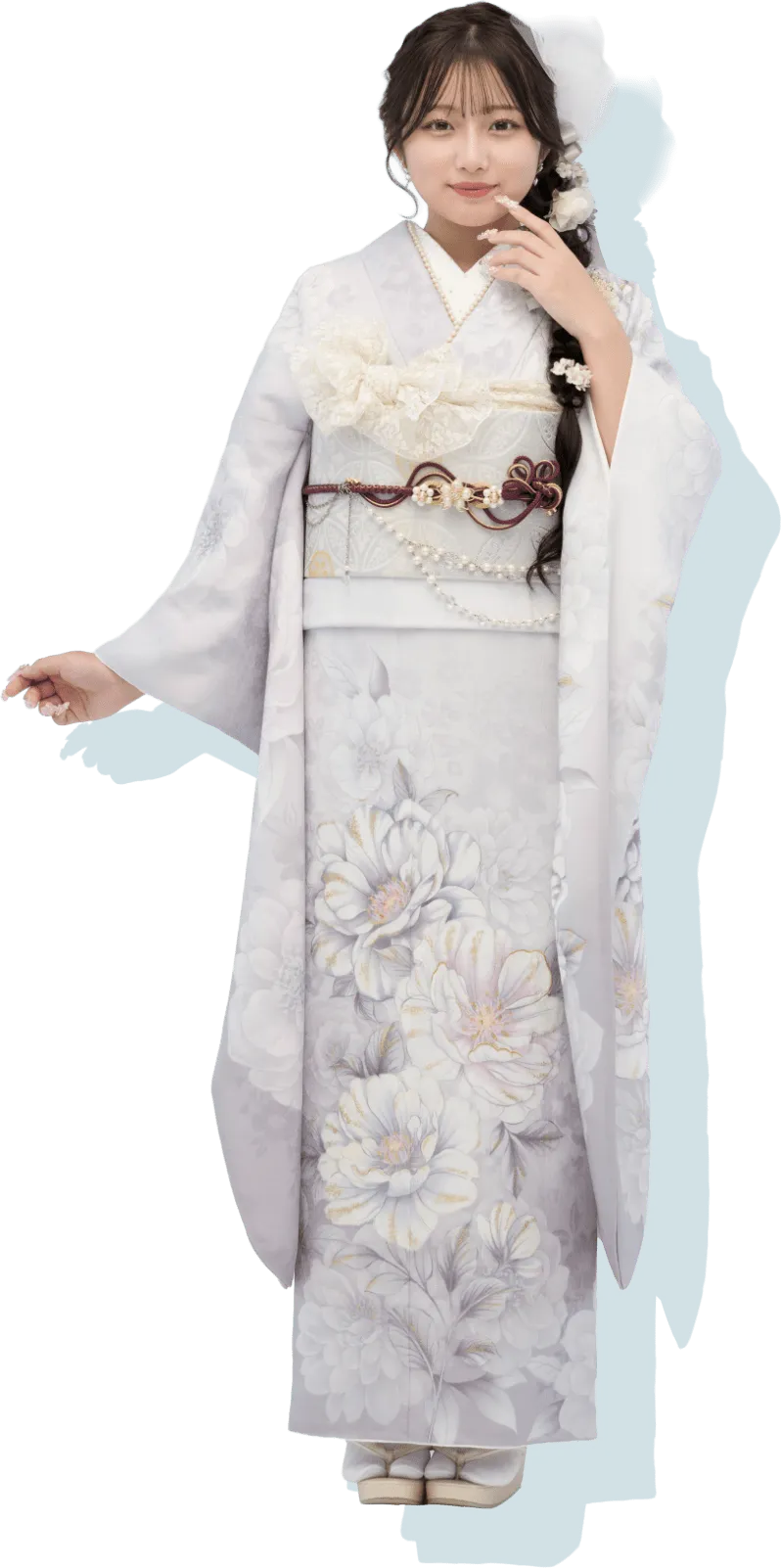 希空が着用するパール付くすみグレー振袖 AF-F003